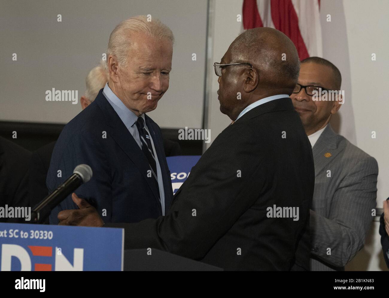 Charleston, United States. 26th Feb, 2020. Democratic presidential candidate Vice President Joe Biden, left, is embraced by Rep. James Clyburn (D-SC) after he announced his endorsement at Trident Tech, Wednesday, February 26 2020, in Charleston, South Carolina. Photo by Richard Ellis/UPI Credit: UPI/Alamy Live News Stock Photo
