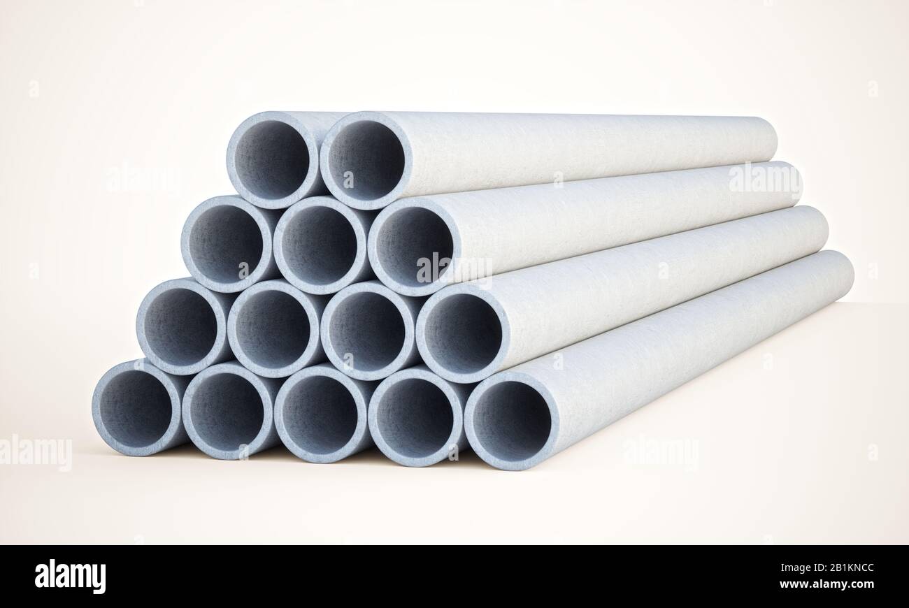 Concrete pipes stack on white background. 3d rendering illustration Stock Photo