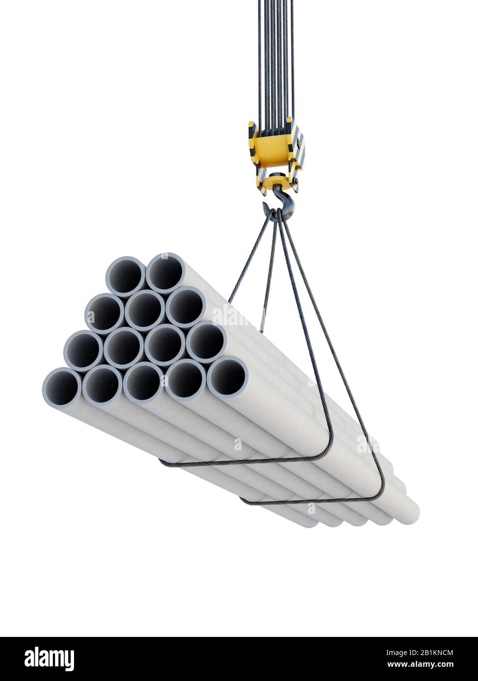 Crane hook lifting of concrete construction pipes. 3d rendering illustration isolated Stock Photo