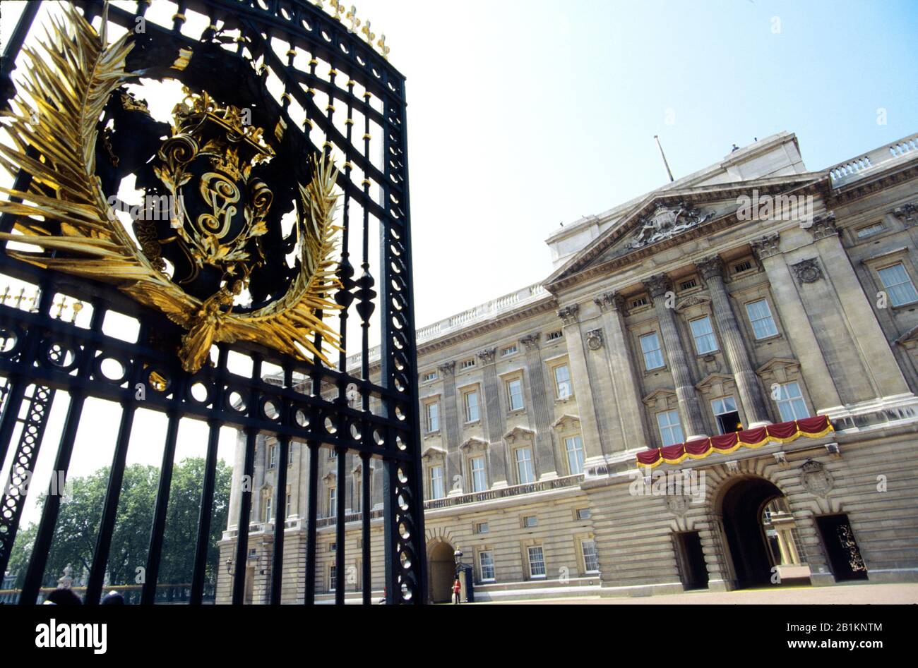 The front gates of Buckingham Palace, official residence of HM Queen Elizabeth II, London