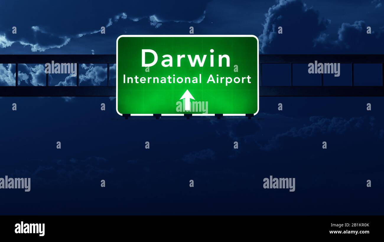 Darwin Australia Airport Highway Road Sign 3D Illustration at Night Stock Photo