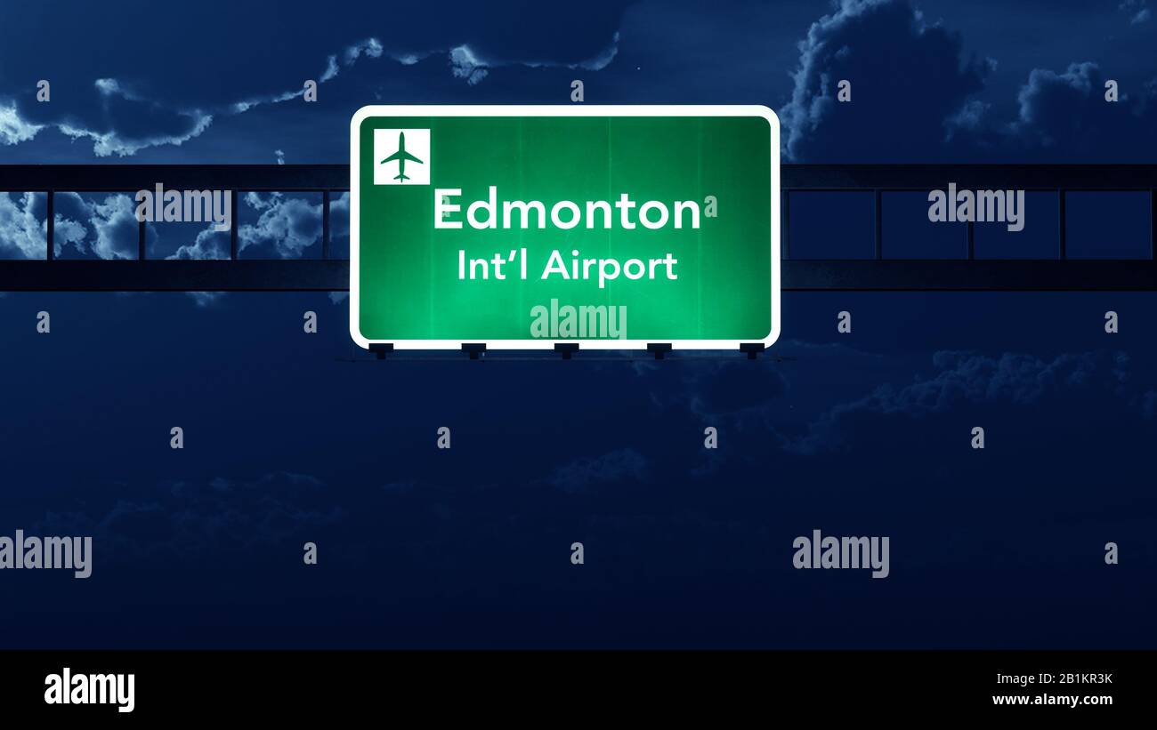 Edmonton Canada Airport Highway Road Sign at Night 3D Illustration Stock Photo