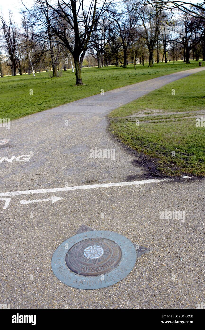 Plaque on a pathway marking the HRH Princess Diana Memorial Walk, Kensington Gardens, London, England. Stock Photo