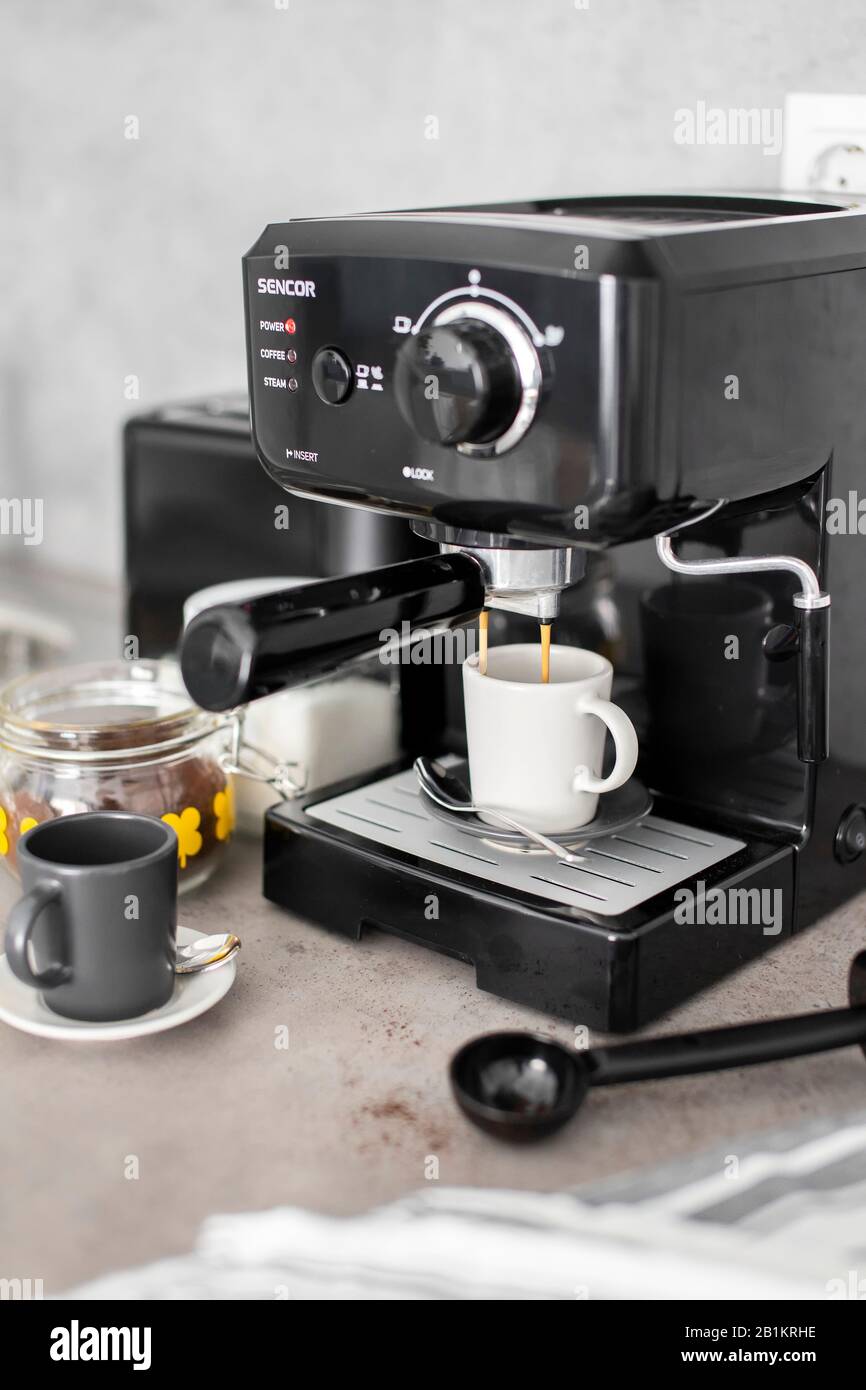 Budapest, Hungary - August 26, 2019: Coffee making process with household Sencor  coffee machine Stock Photo - Alamy