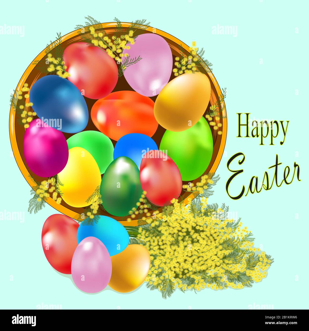 Easter egg. Beautiful multicolored, spring eggs in a basket .Happy Easter text. Mimosa flowers. Illustration. Stock Photo