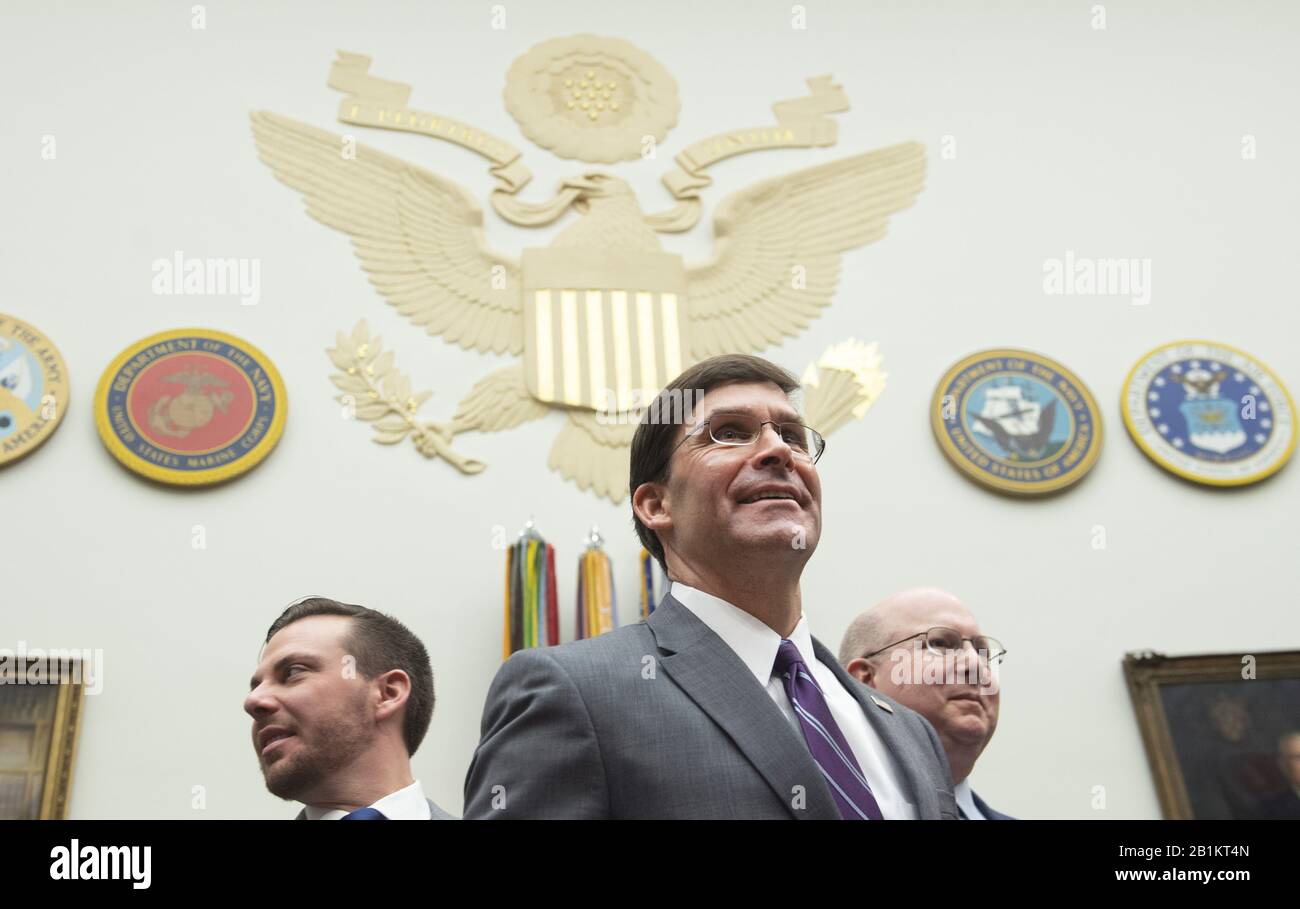 Defense Secretary Mark Esper arrives to testify on the Defense Department's FY2021 budget request during a House Armed Services Committee hearing on Capitol Hill in Washington, D.C. on Wednesday, February 26, 2020. Photo by Kevin Dietsch/UPI Stock Photo