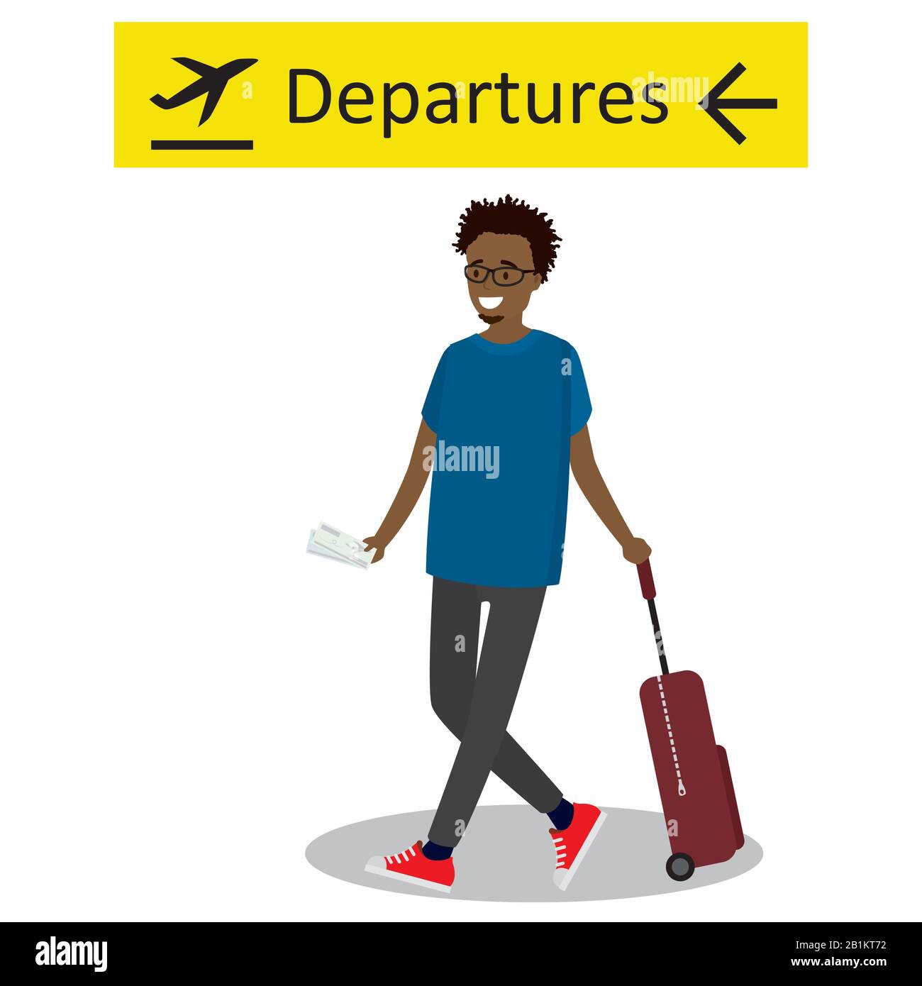 Cartoon african american passenger with suitcase walking and departure sign at the airport. Hipster man with beard pulling suitcase at the airport. Ve Stock Vector