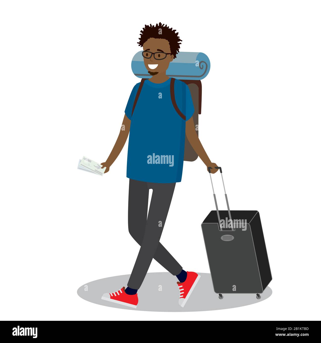 Cartoon african american passenger with suitcase and big backpack walking. Male hipster tourist with boarding pass isolated on white background. Vecto Stock Vector