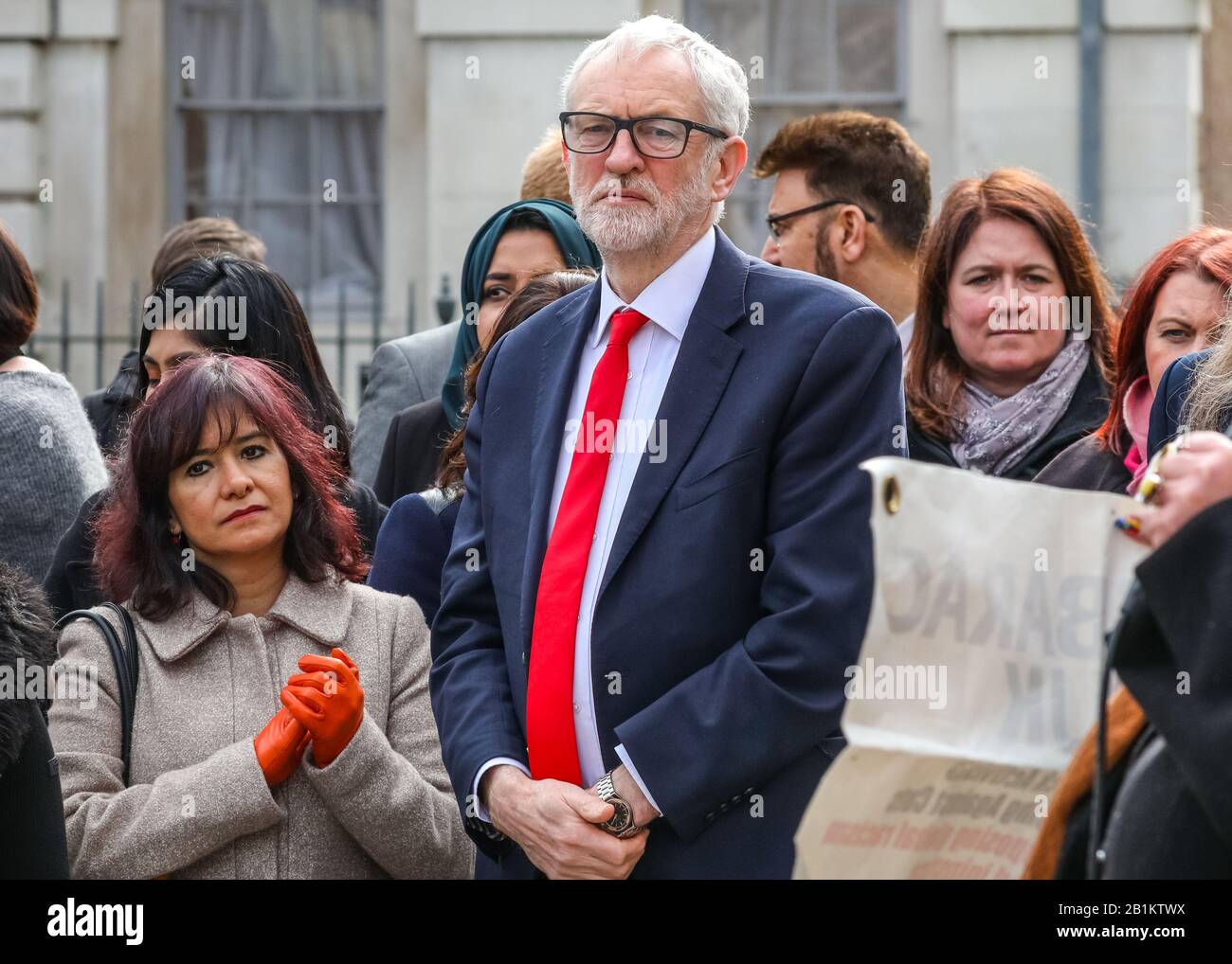 Westminster, London, UK. 26th Feb, 2020. Jeremy Corbyn with wife Laura Alvarez on his left. Labour Leader Jeremy Corbyn, as well as John Mc Donnell, Dawn Butler, and Labour Chairman Ian Lavery and others speak at a protest organised by the PCS (Public and Commercial Services Union) supporting striking Interserve Workers. Outsourced facilities management workers at the Foreign and Commonwealth Office (FCO) in London began their strike period in November, because Interserve are not willing to recognise PCS. Credit: Imageplotter/Alamy Live News Stock Photo
