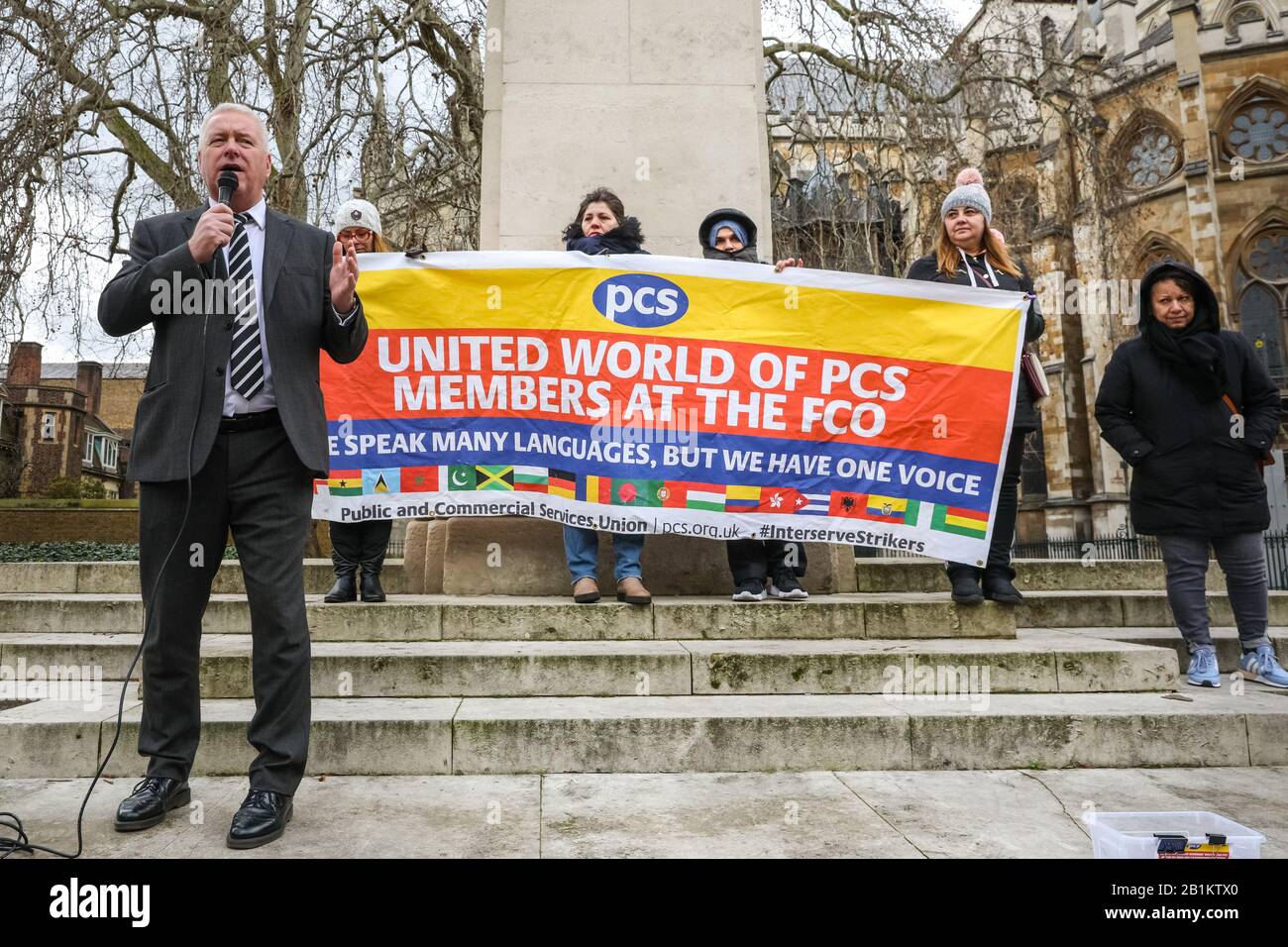 Westminster, London, UK. 26th Feb, 2020. Labour Chairman Ian Lavery. Ian Lavery, MP and others speak at a protest organised by the PCS (Public and Commercial Services Union) supporting striking Interserve Workers. Outsourced facilities management workers at the Foreign and Commonwealth Office (FCO) in London began their strike period in November, because Interserve are not willing to recognise PCS. Credit: Imageplotter/Alamy Live News Stock Photo