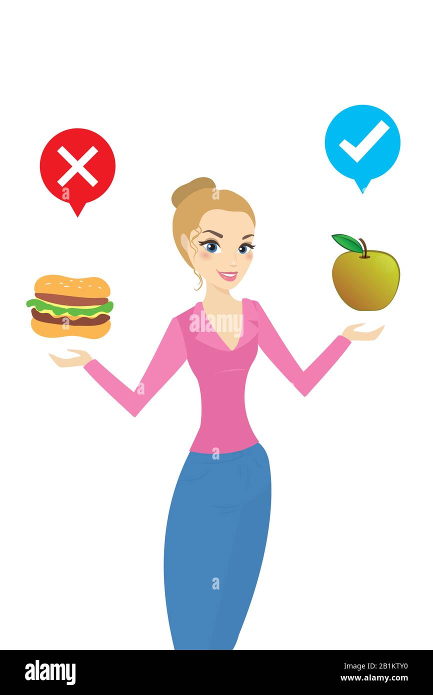 Happy caucasian woman choose healthy foods. Stock flat vector illustration Stock Vector