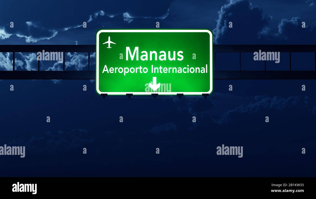Manaus Brazil Airport Highway Road Sign 3D Illustration at Night Stock