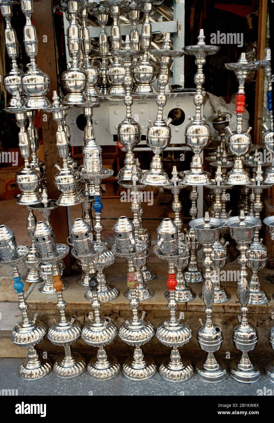 Shisha hookah pipes in the tourist bazaar market in Khan Al Khalili in Cairo in Egypt in North Africa. Khalil Stock Photo