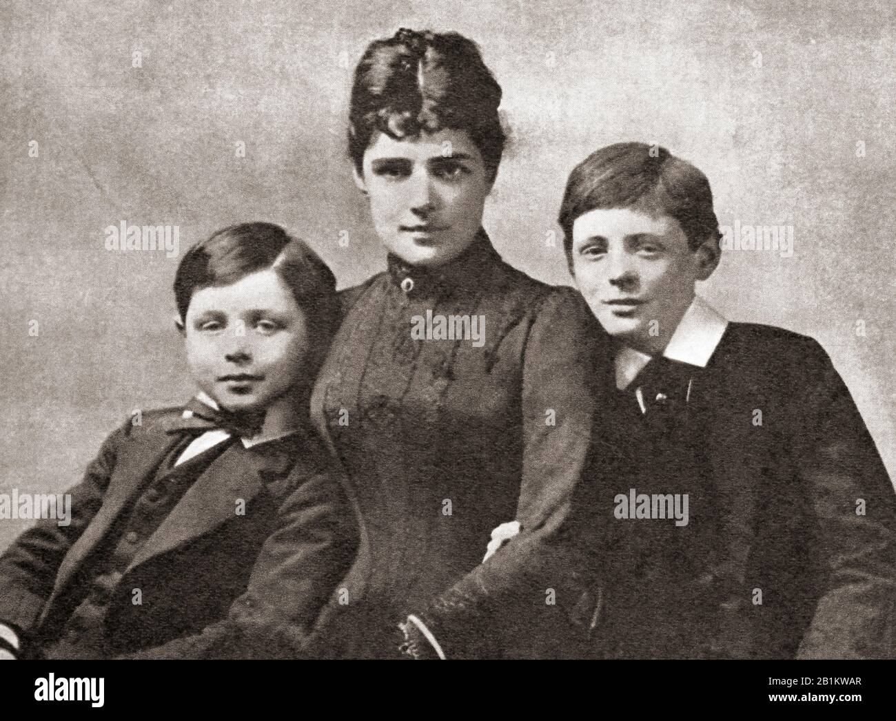 Winston Chuchil, right, with his mother Jennie Spencer-Churchill and his brother, John Strange Spencer-Churchill, 1889. Jennie Spencer-Churchill, née Jerome, 1854 – 1921, aka Lady Randolph Churchill.  American-born British socialite.  Sir Winston Leonard Spencer-Churchill, 1874 – 1965. British politician, army officer, writer and twice Prime Minister of the United Kingdom. Major John Strange Spencer-Churchill, 1880 –1947, aka Jack Churchill. Stock Photo