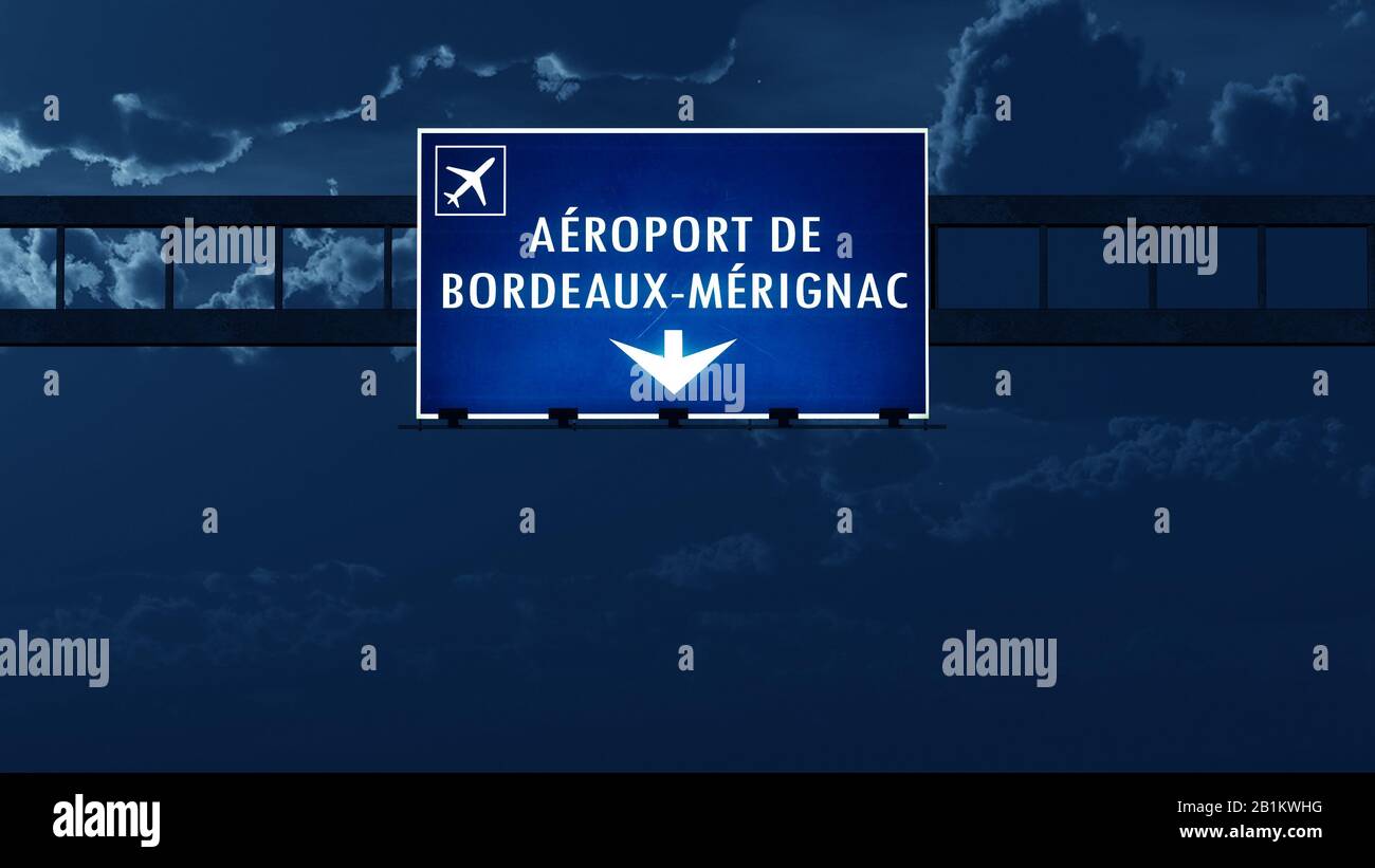 Bordeaux france airport highway road sign at night 3d illustration