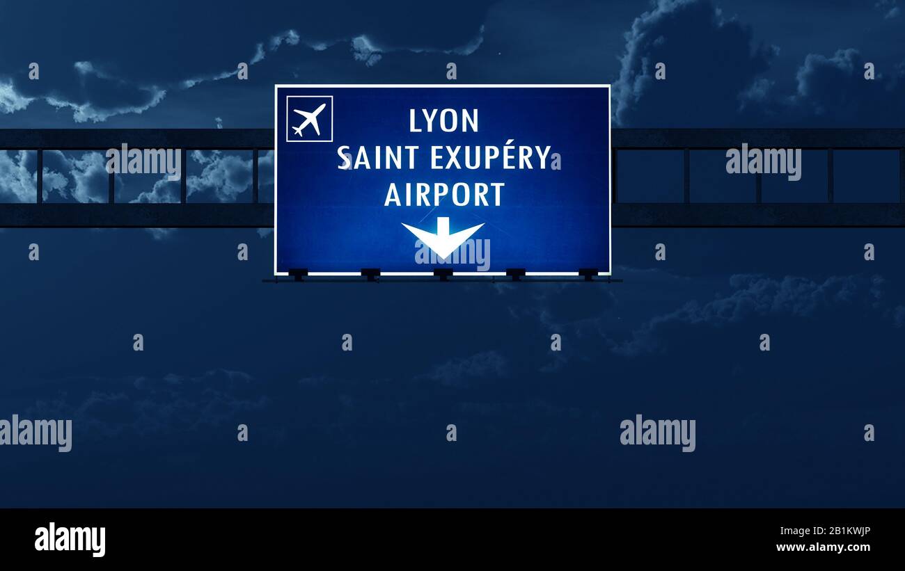 Lyon France Airport Highway Road Sign at Night 3D Illustration Stock ...