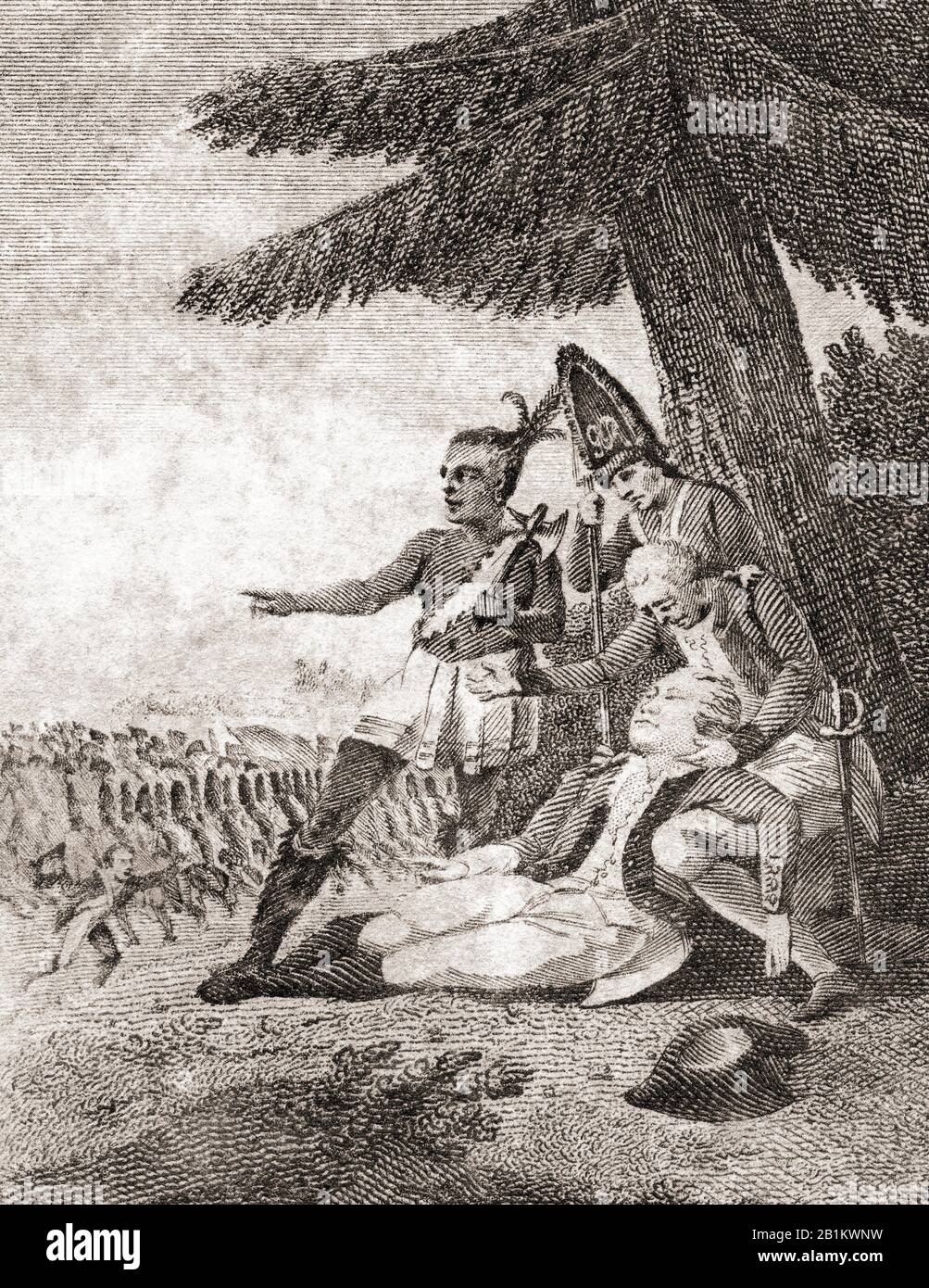 The death of Wolfe.  James Wolfe, 1727 –1759. British Army officer fatally wounded at the Battle of the Plains of Abraham.  From The History of England, from the earliest records to the year 1802, published 1812. Stock Photo