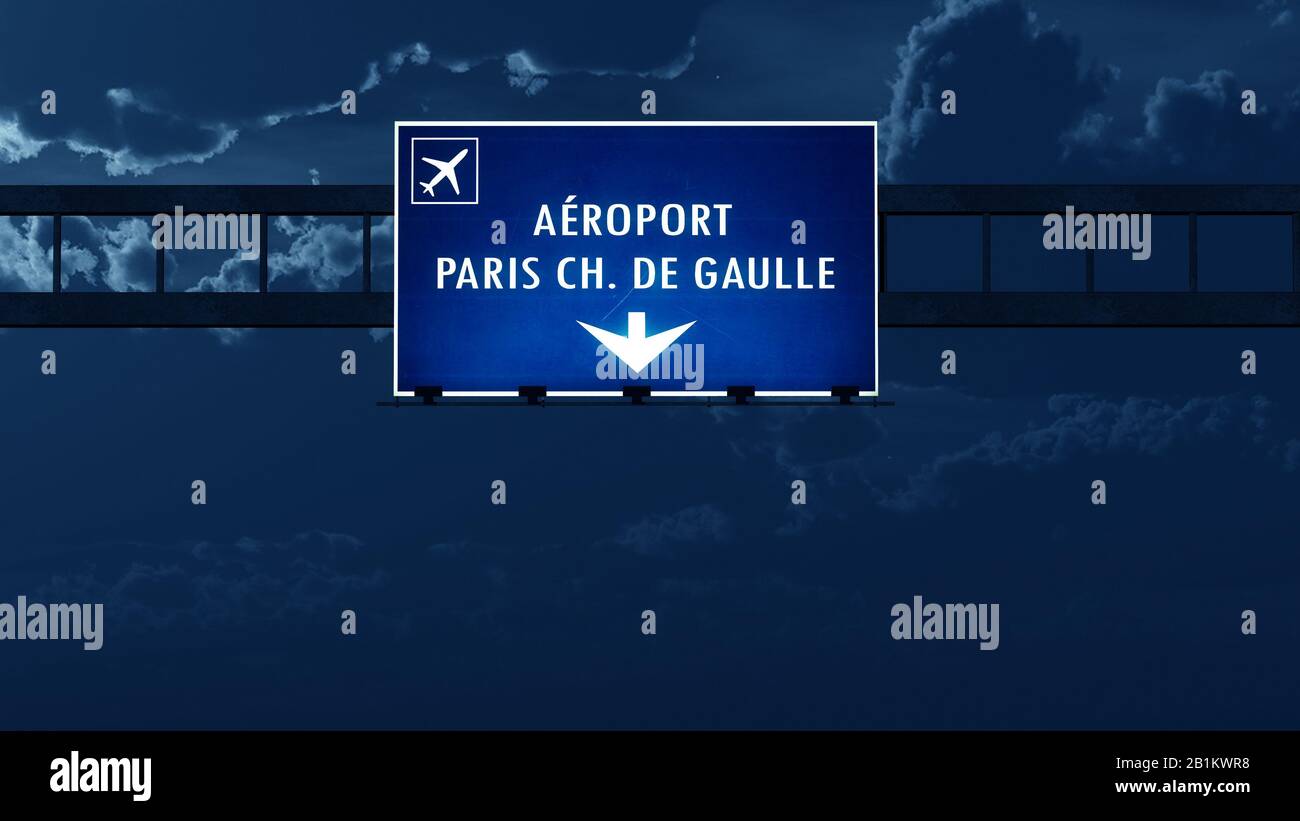 Paris Roissy De Gaulle France Airport Highway Road Sign at Night 3D Illustration Stock Photo