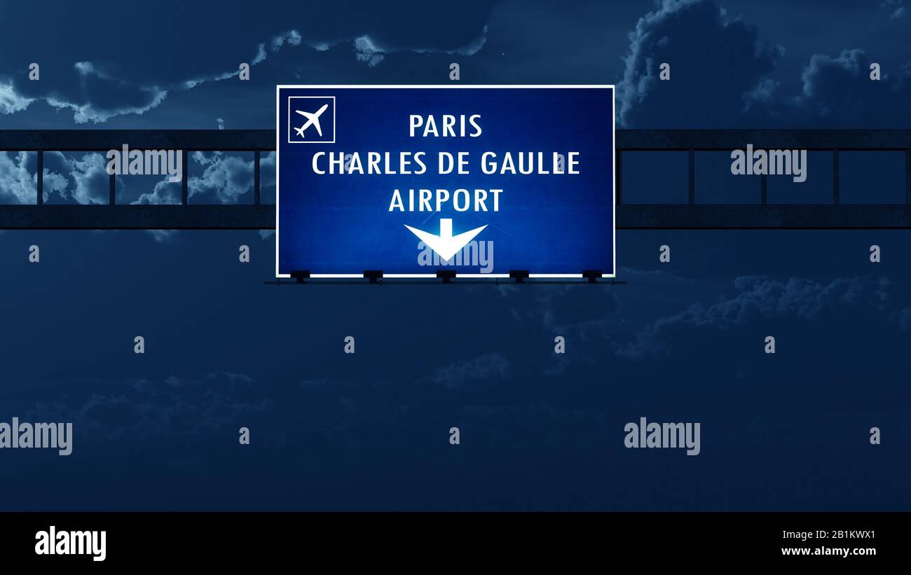 Paris Roissy De Gaulle France Airport Highway Road Sign at Night 3D Illustration Stock Photo