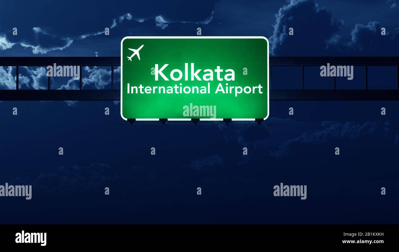 Kolkata India Airport Highway Road Sign at Night 3D Illustration Stock Photo Alamy