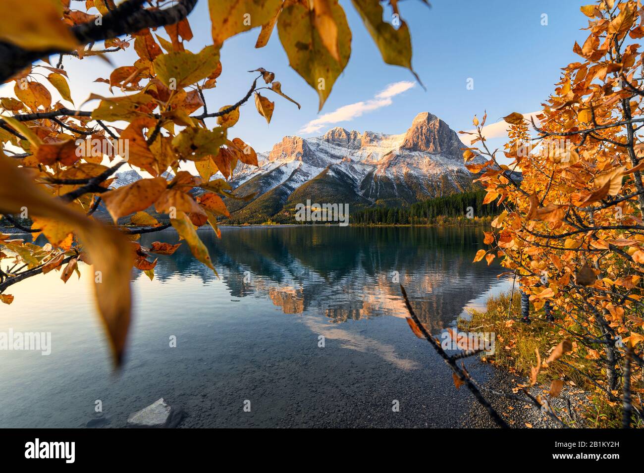 Sunrise on Mount Lawrence Grassi with golden leaves reflection on
