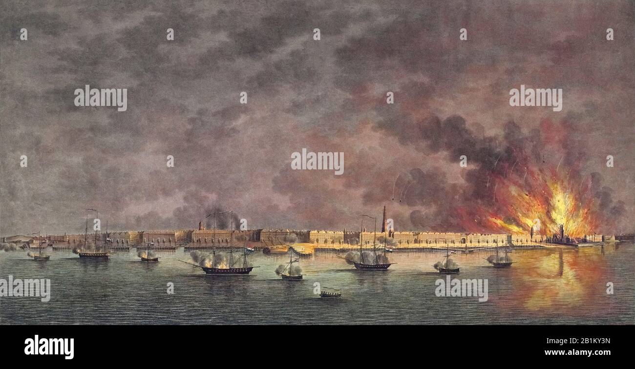 The bombardment of Antwerp on October 27, 1830, by the Dutch warships under the command of General Chassé, during the Belgian Revolution. Stock Photo