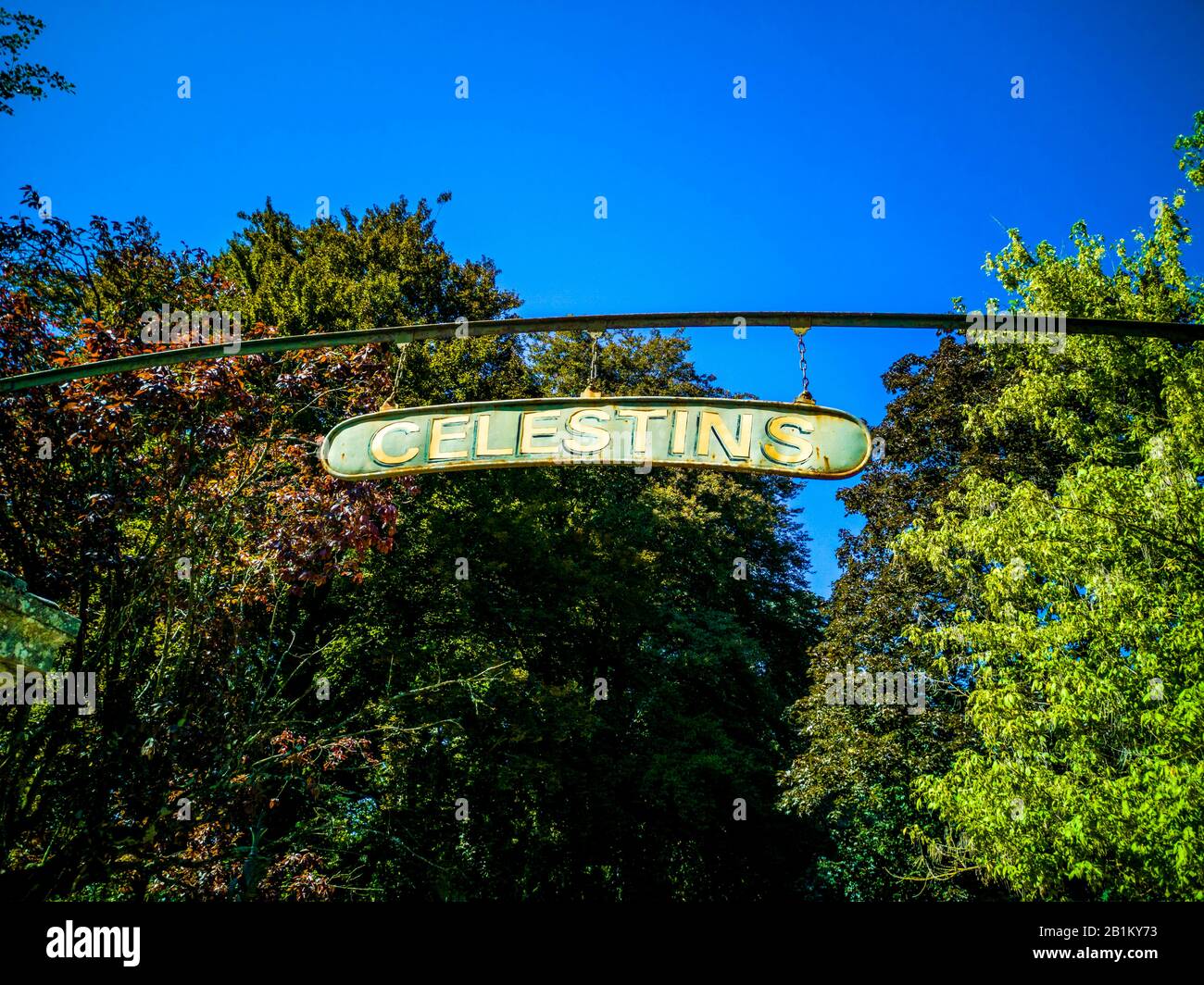 Vichy city. Sign showing the Celestins thermal spring, Allier department. Auvergne Rhone Alpes. France Stock Photo