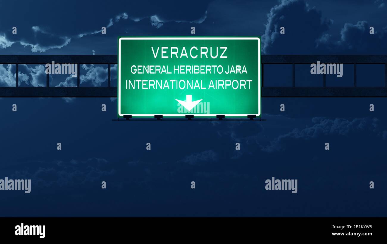 Veracruz Mexico Airport Highway Road Sign at Night 3D Illustration