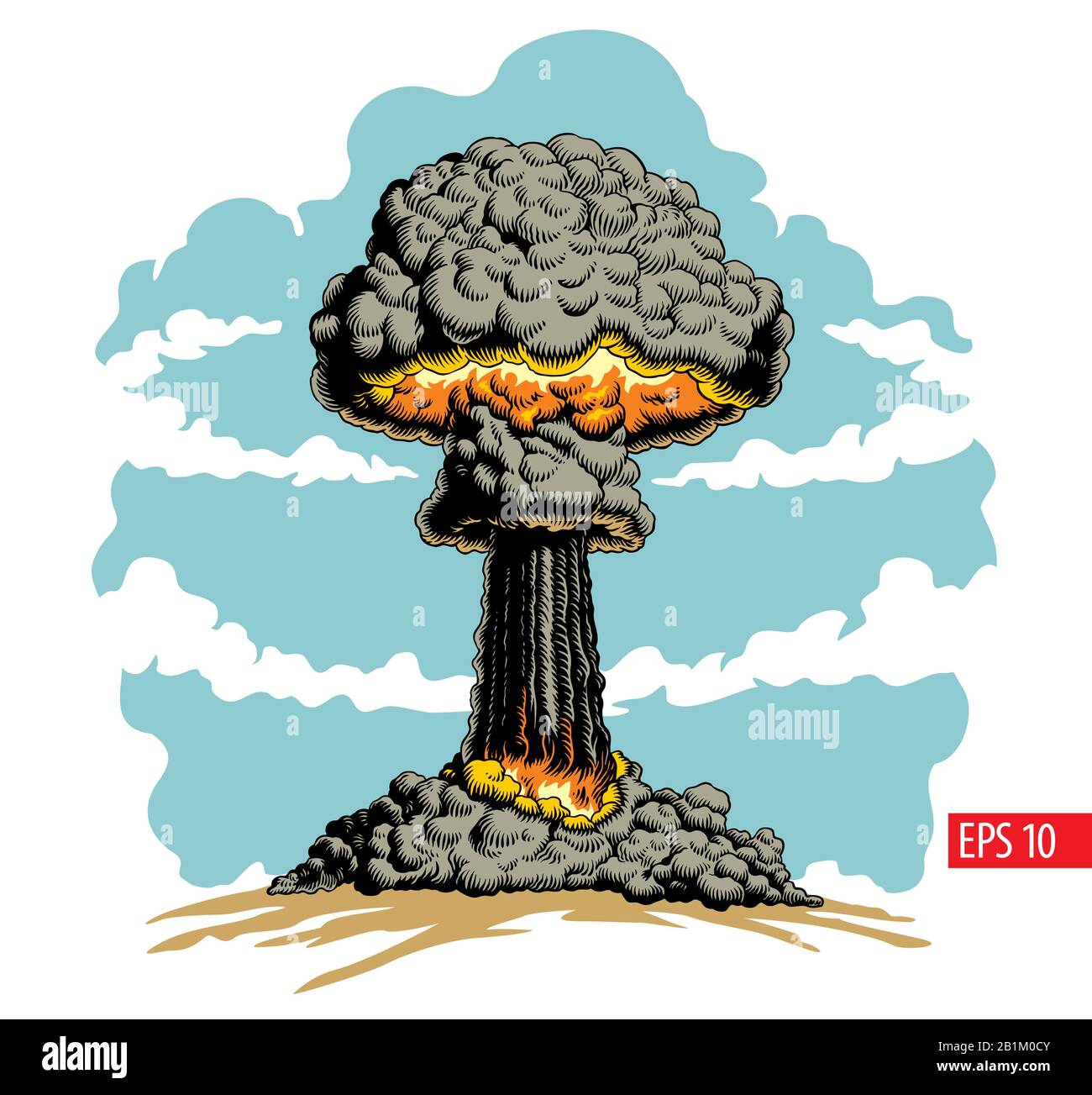 Nuclear explosion. Atomic bomb mushroom cloud comic style vector Illustration. Stock Vector