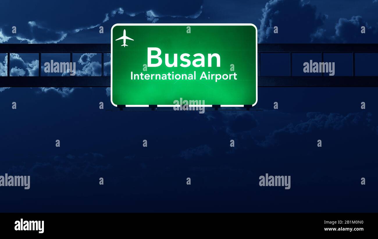 Busan South Korea Airport Highway Road Sign at Night 3D Illustration ...
