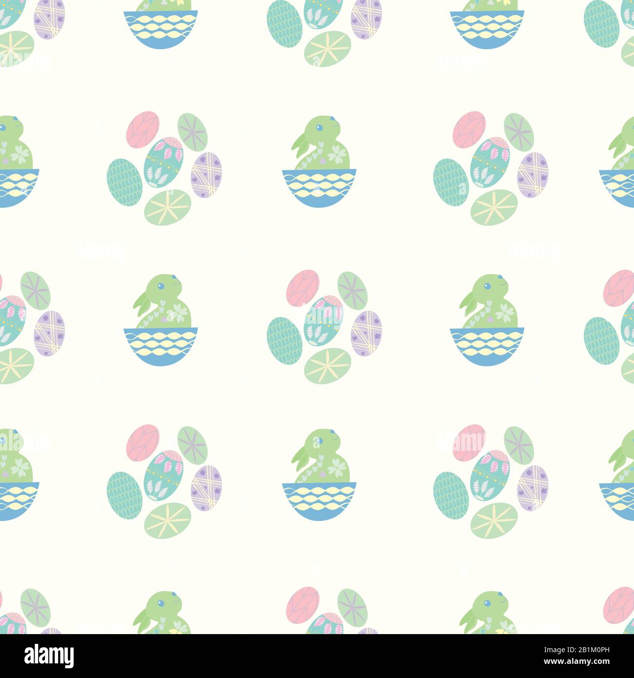 Cute Easter bunny seamless vector pattern background. Decorated folk art rabbits and egg all over print. Scandinavian style baby animals and spring Stock Vector