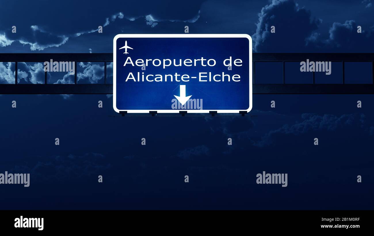 Alicante Spain Airport Highway Road Sign at Night 3D Illustration Stock Photo