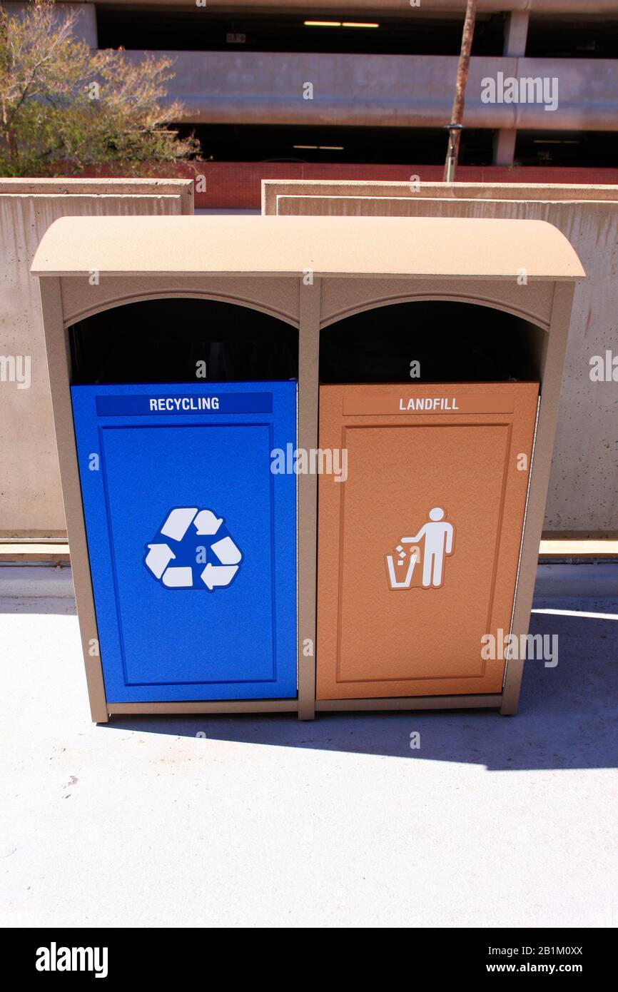 New multitrash options with RECYCLING and LANDFILL labels Stock Photo