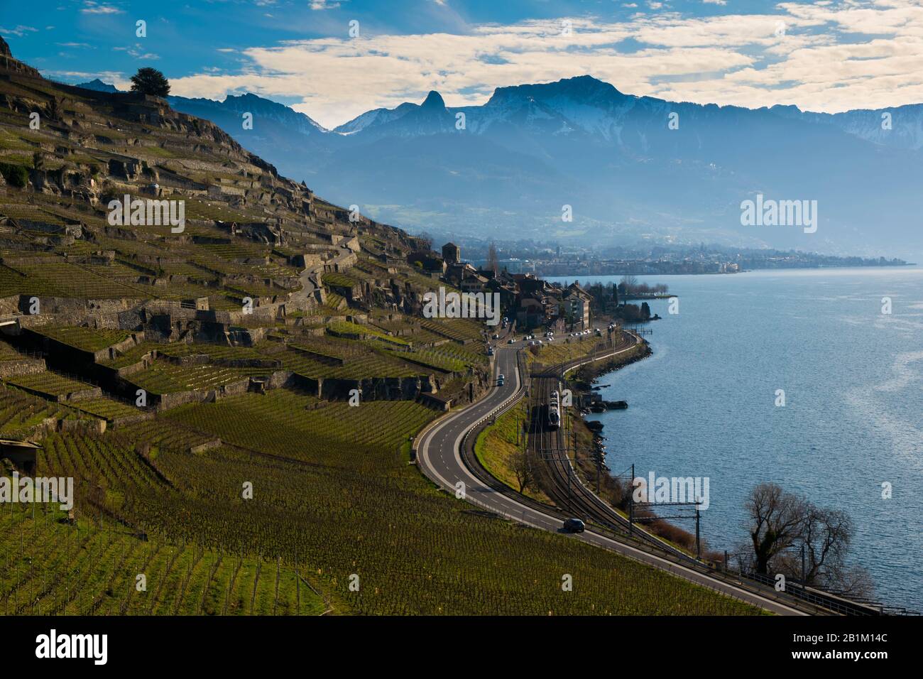 Beautiful lake Geneva near St. Saphorin in Switzerland Stock Photo