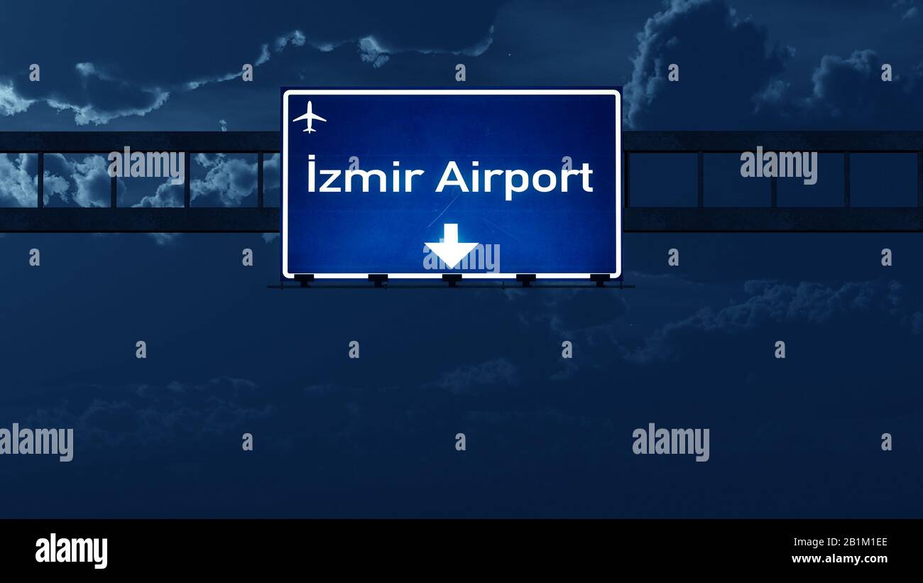 Izmir Turkey Airport Highway Road Sign at Night 3D Illustration Stock Photo