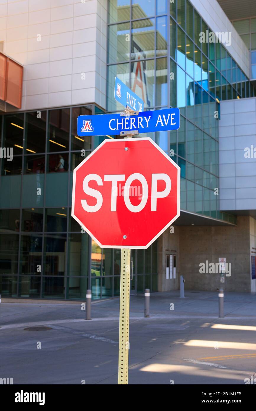 Stop sign on Cherry Avenue in the University of Arizona campus in