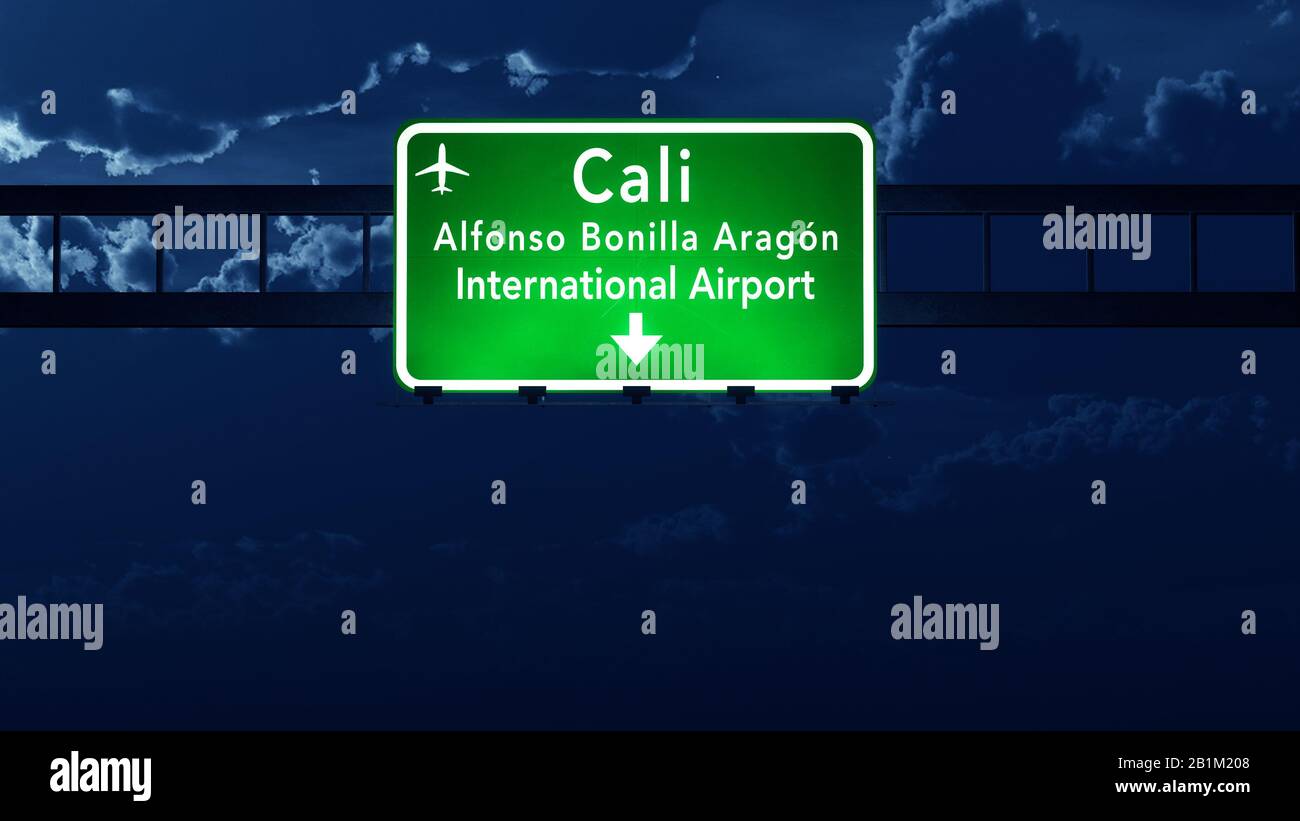 Cali Colombia Airport Highway Road Sign at Night 3D Illustration Stock