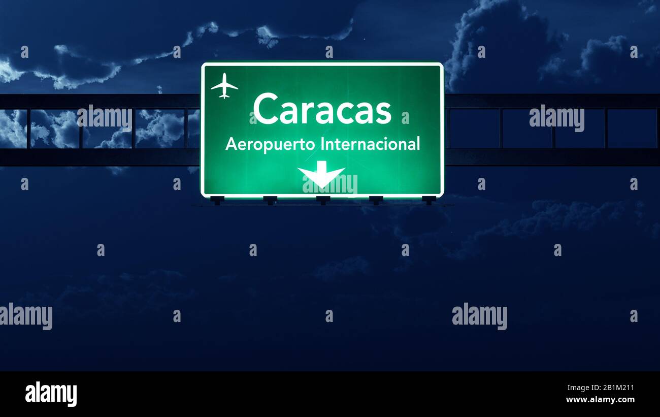 Caracas Venezuela Airport Highway Road Sign at Night 3D Illustration Stock Photo