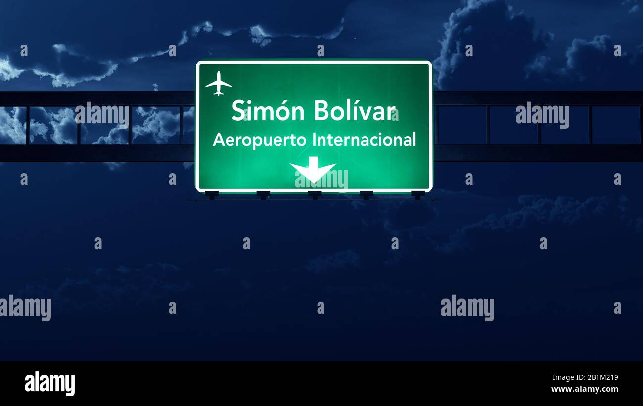 Caracas Venezuela Airport Highway Road Sign at Night 3D Illustration Stock Photo