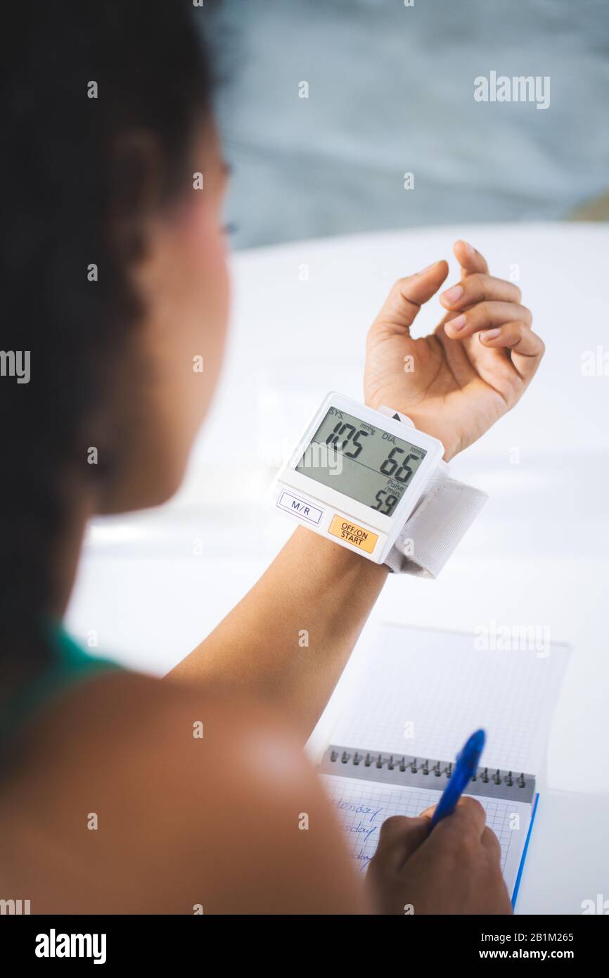 Young Black Woman Measuring Blood Pressure At Home Stock Photo