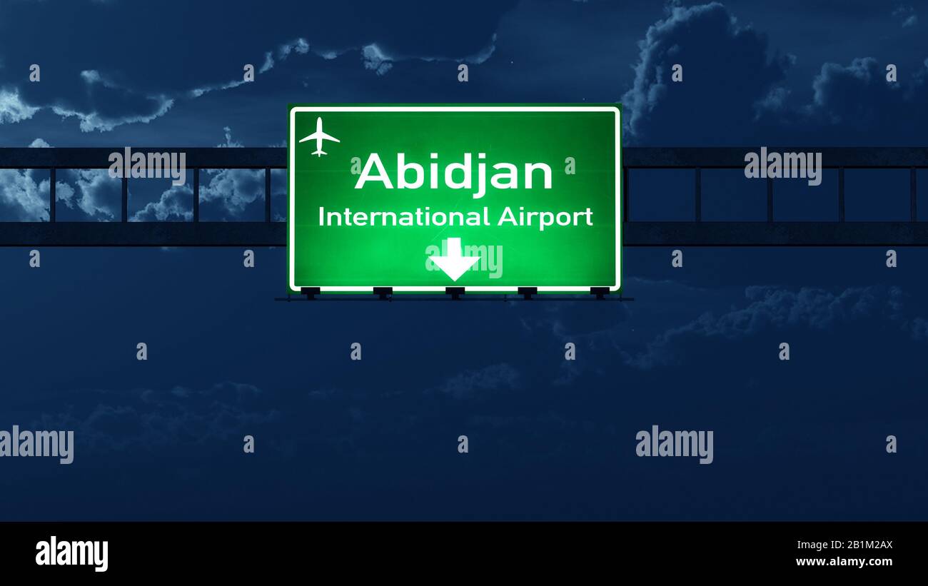 Abidjan Ivory Coast Airport Highway Road Sign at Night 3D Illustration