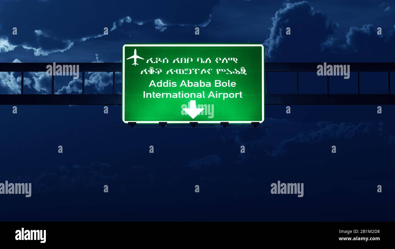 Addis ababa ethiopia airport highway road sign at night 3d illustration