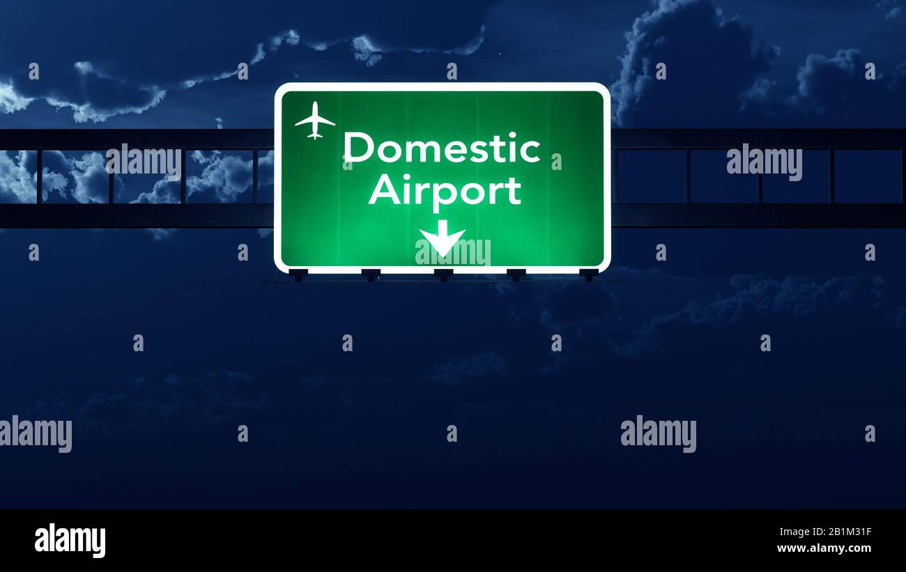 Domestic Airport Highway Road Sign at Night 3D Illustration Stock Photo