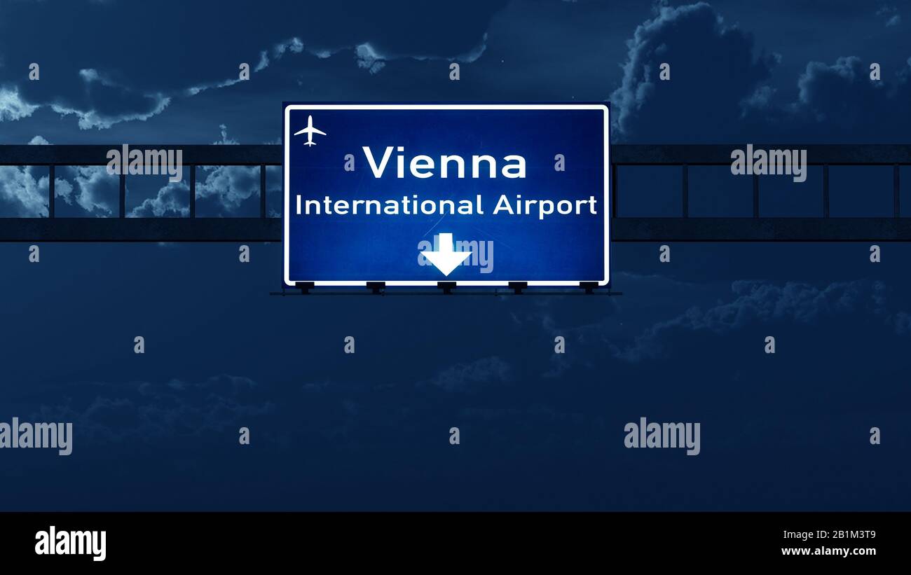 Vienna Austria Airport Highway Road Sign at Night 3D Illustration Stock