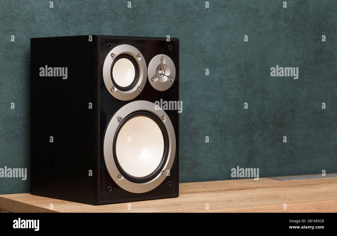 One modern black two way hifi audio speaker in interior on wooden desk near the dark green wall Stock Photo