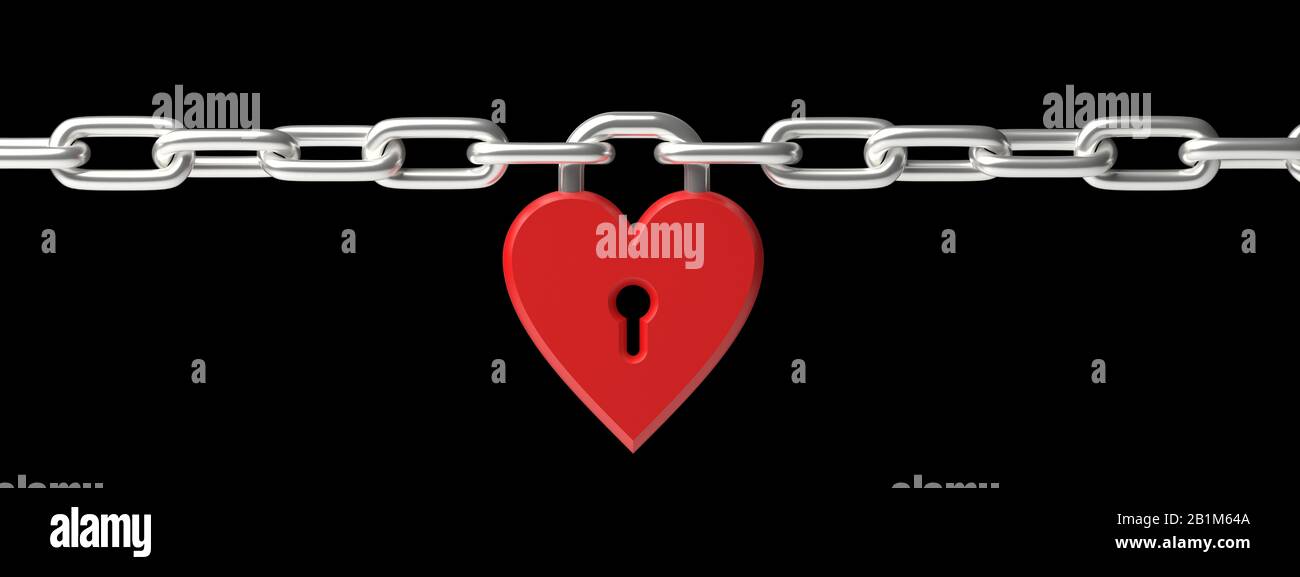 Love concept. Locked red color heart shaped padlock joins metal chain ...
