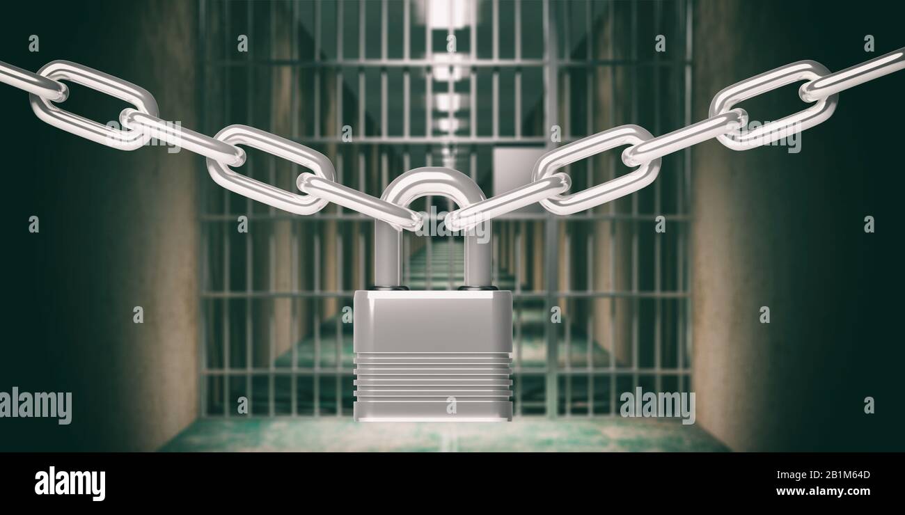 Prison safety. Locked metal chain with padlock against blurred jail bars, corridor and cells background. No one can escape from this high protection j Stock Photo