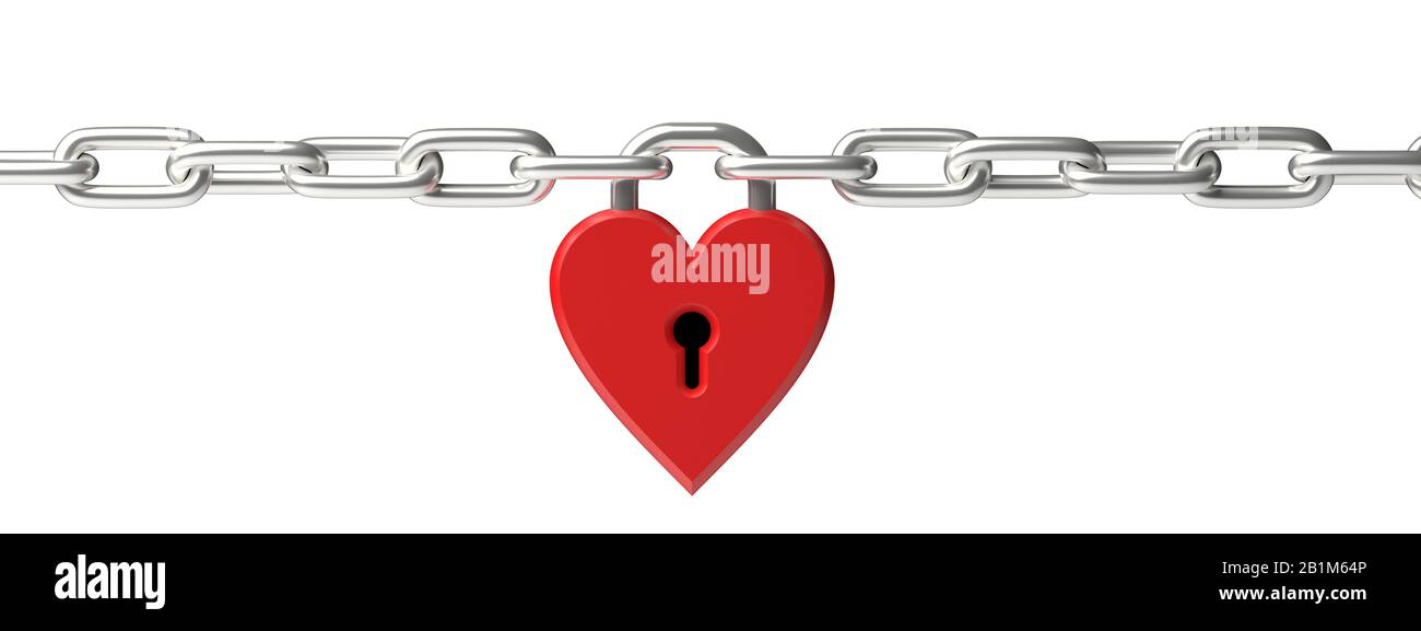 Love concept. Locked red color heart shaped padlock joins metal chain ...