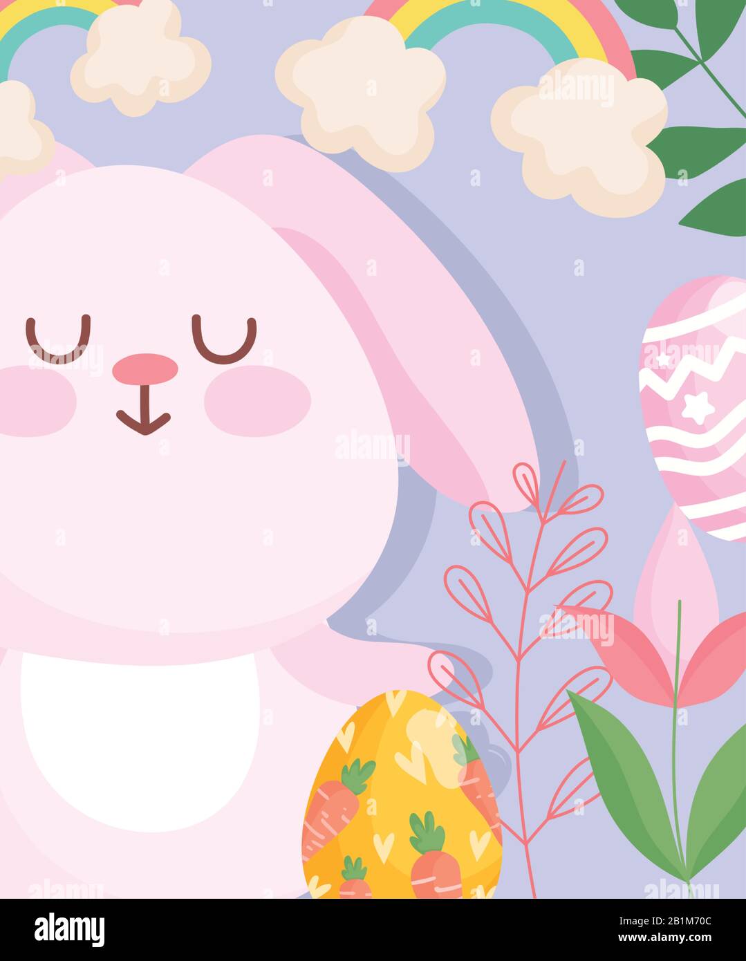 happy easter cute rabbit with egg painting carrots flowers leaves ...