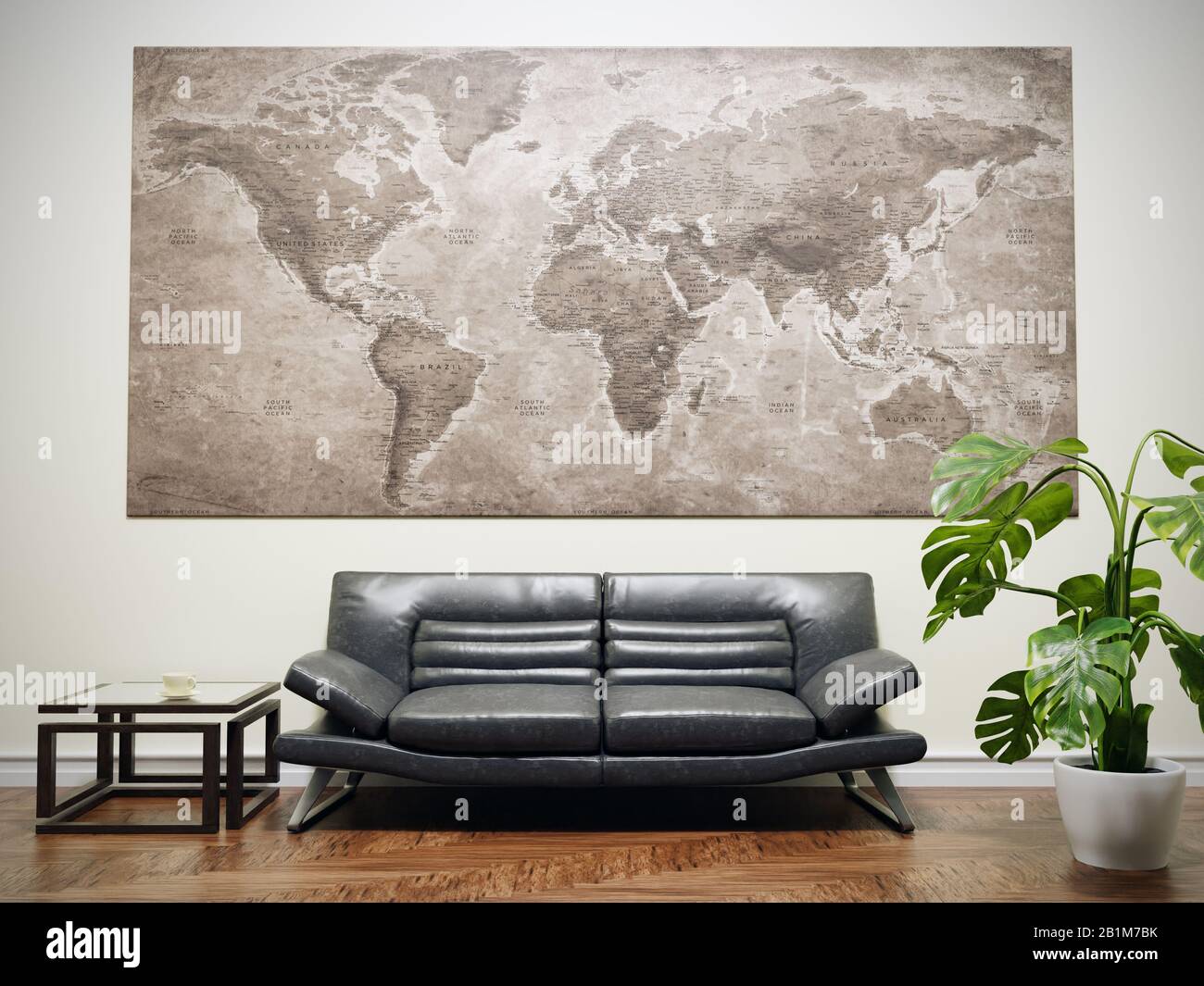 3D rendering architectural visualization of modern living room with leather sofa, and large-scale vintage world map hanging on the wall. Some elements Stock Photo